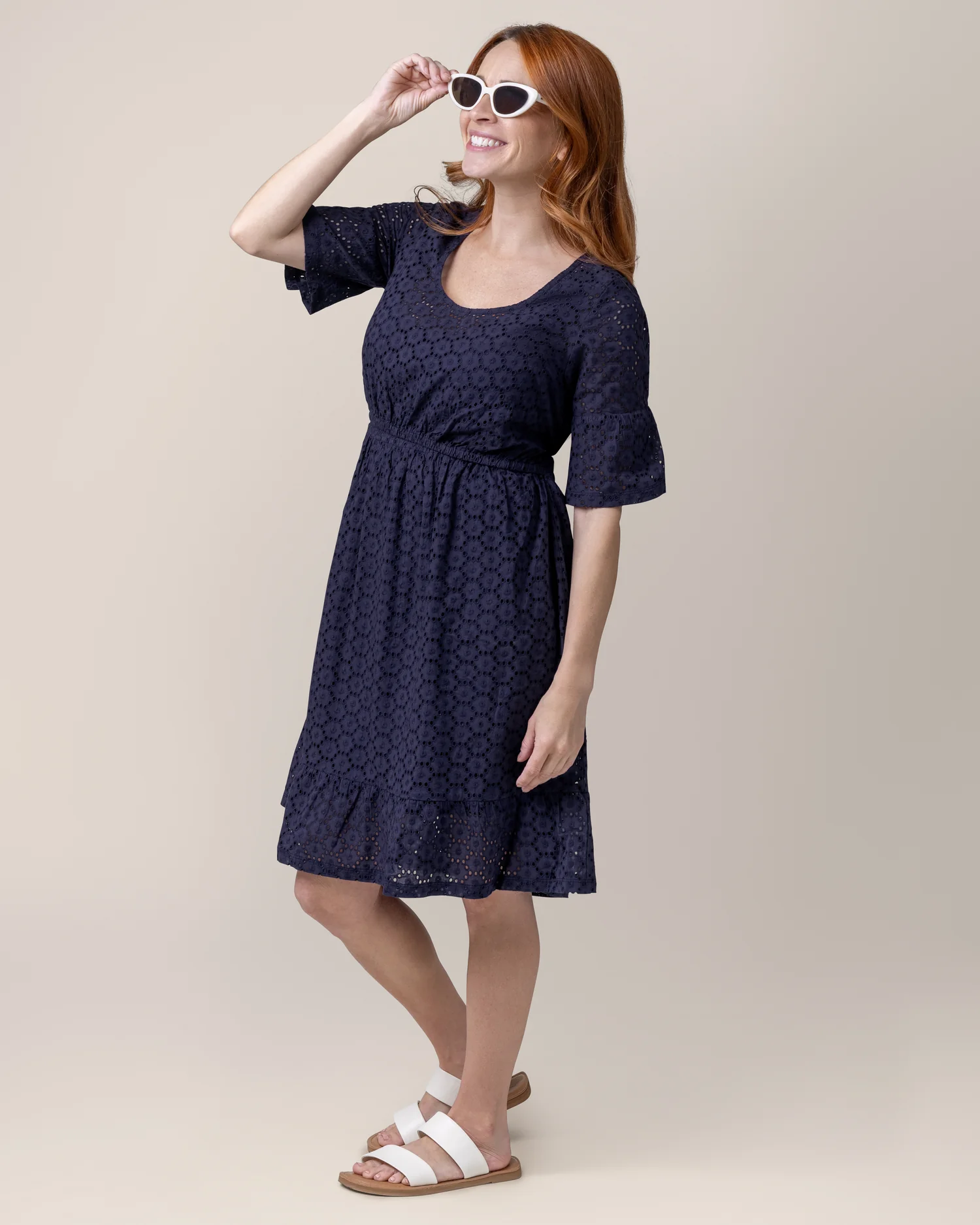 Dahlia Eyelet Maternity & Nursing Dress | Navy - Image 3