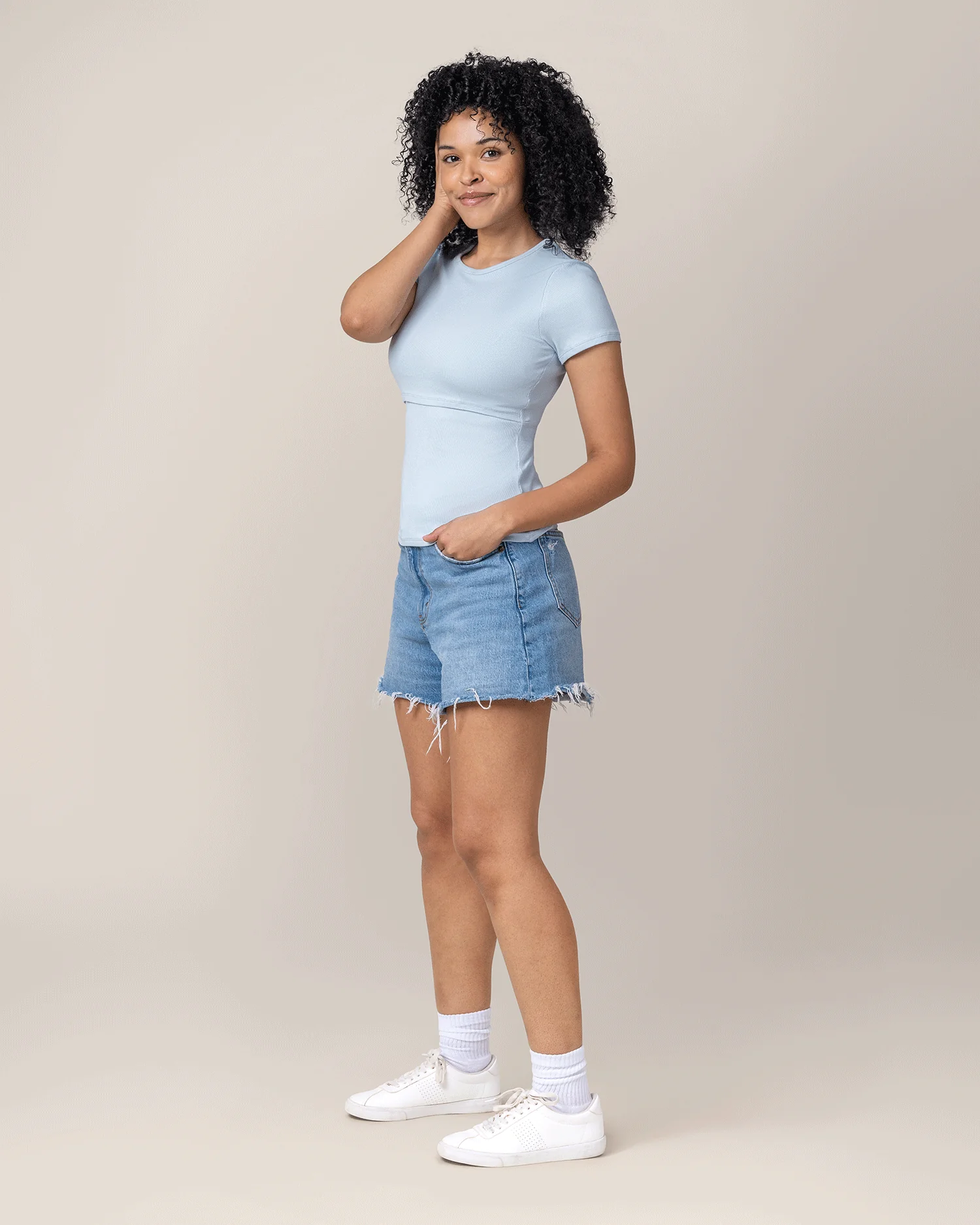 Ribbed Bamboo Crew Neck Nursing T-shirt | French Blue - Image 5