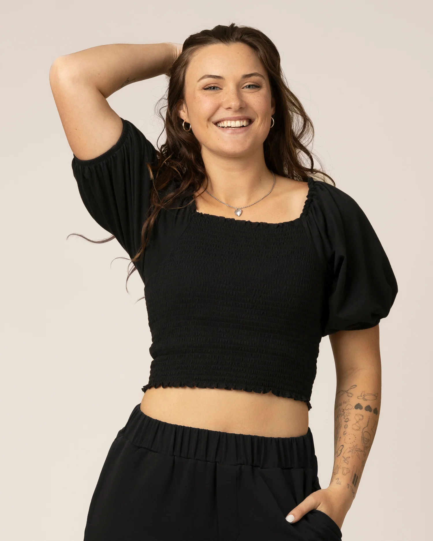 Sophia Smocked Cropped Nursing Top | Black - Image 3