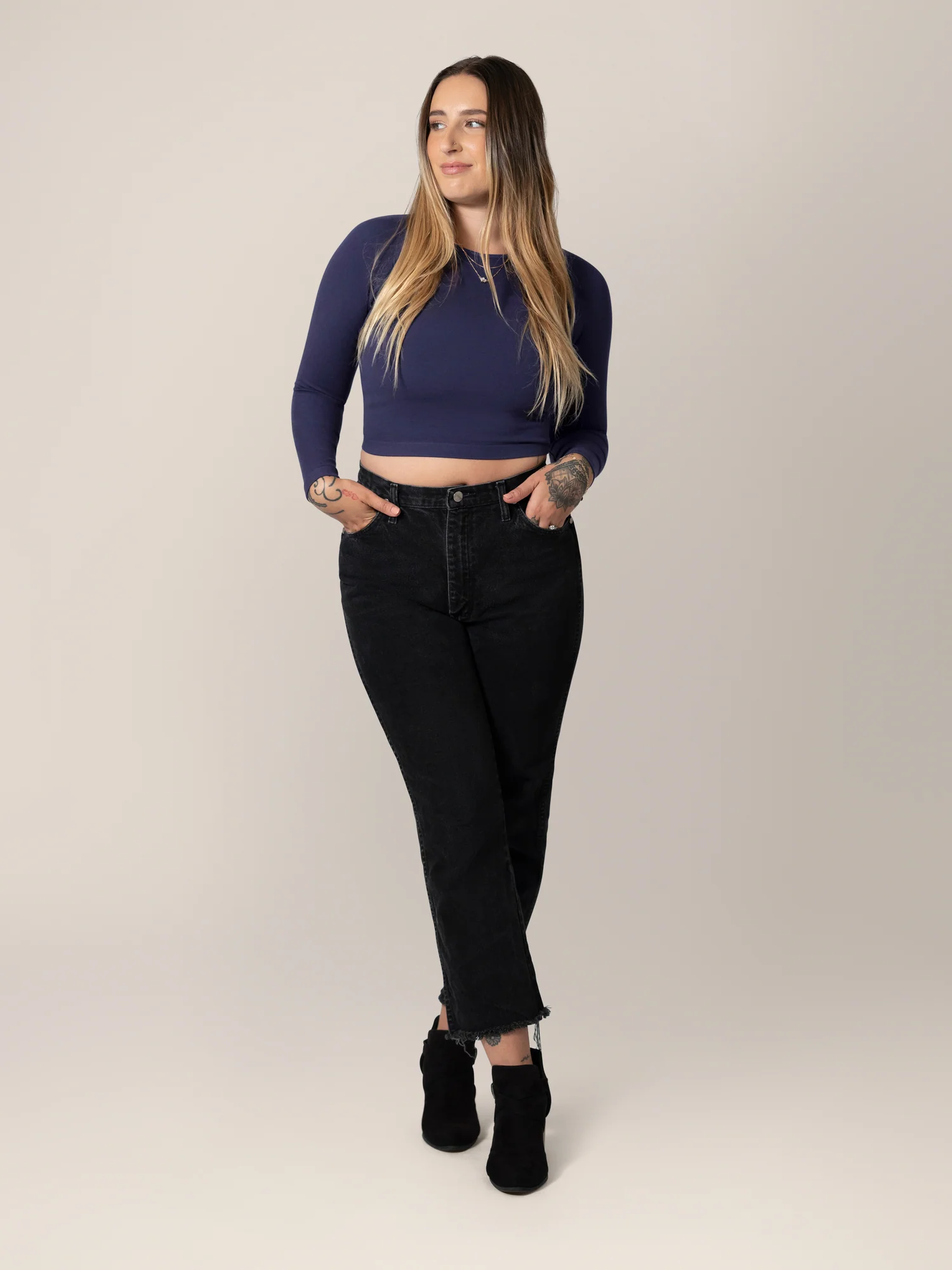 Sublime® Bamboo Maternity & Nursing Cropped Long Sleeve Top | Navy - Image 5